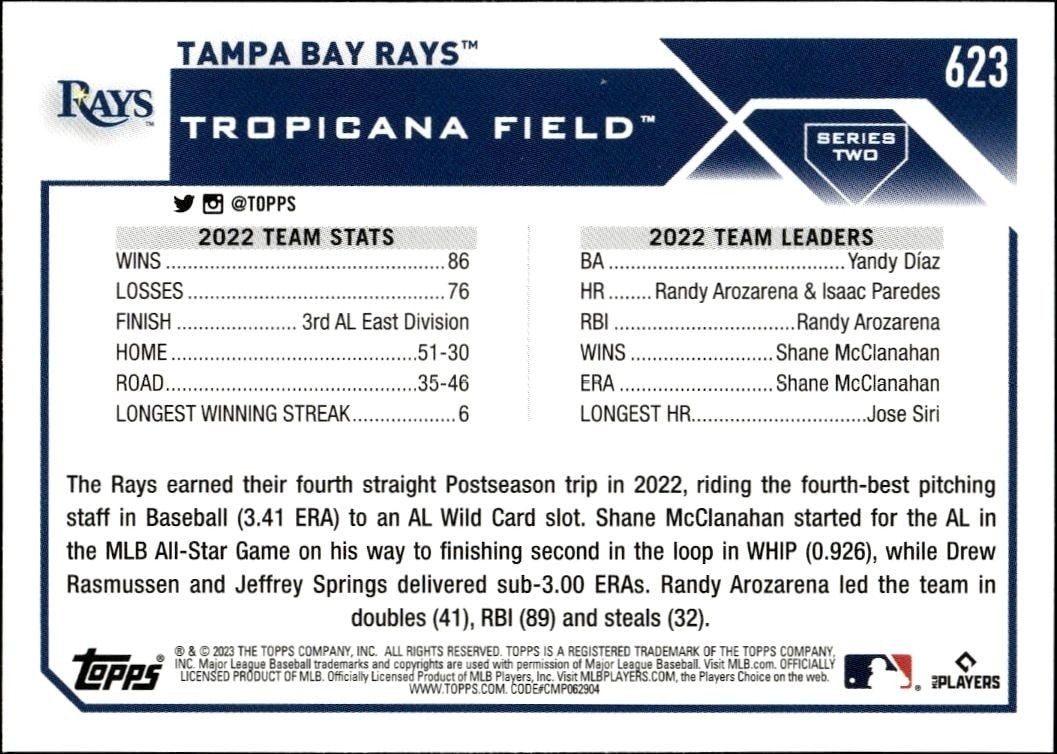 2023 Topps Series 2 Tampa Bay Rays #623 baseball trading card back