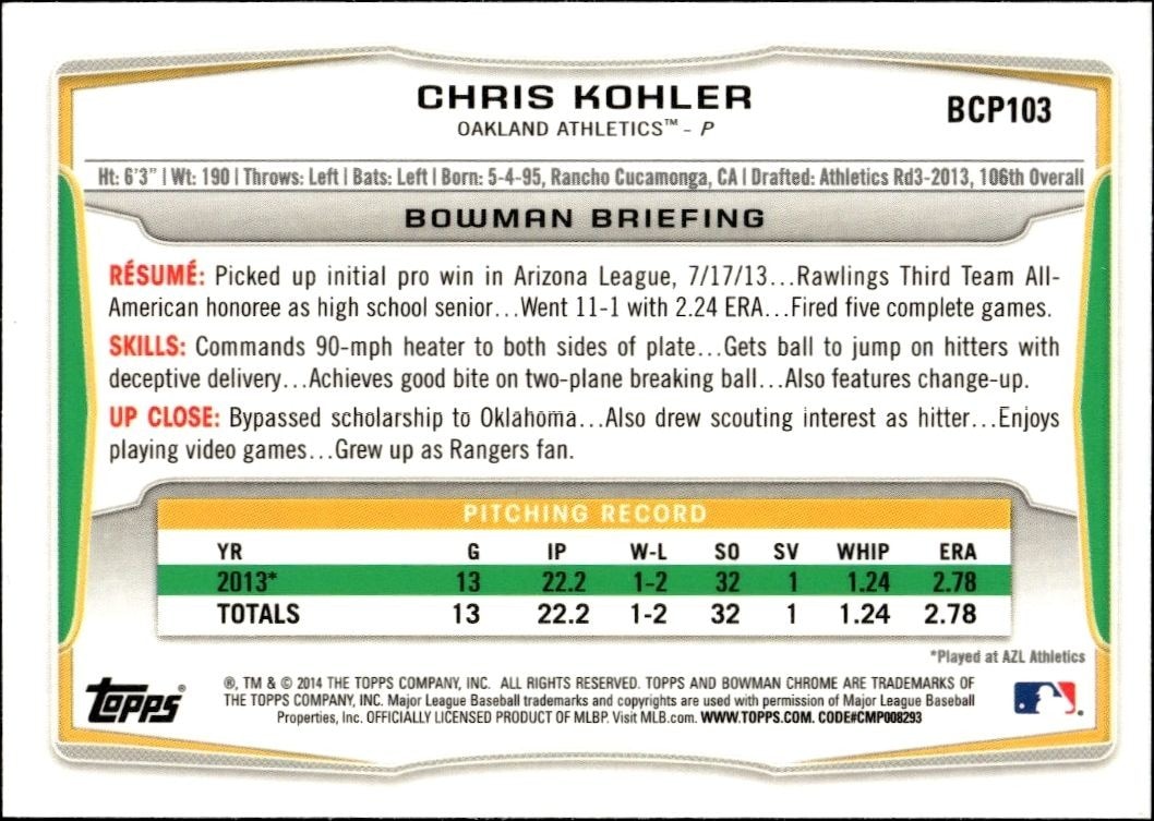 2014 Bowman Chrome Chris Kohler #BCP103 baseball trading card back