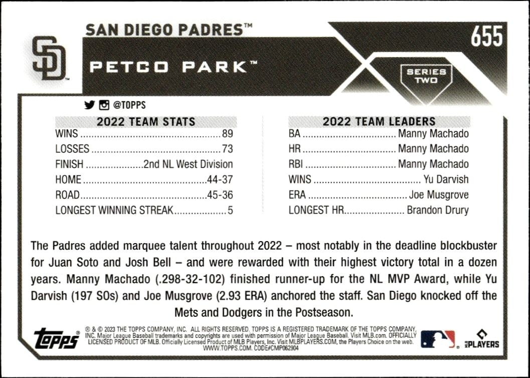 2023 Topps Series 2 San Diego Padres #655 baseball trading card back