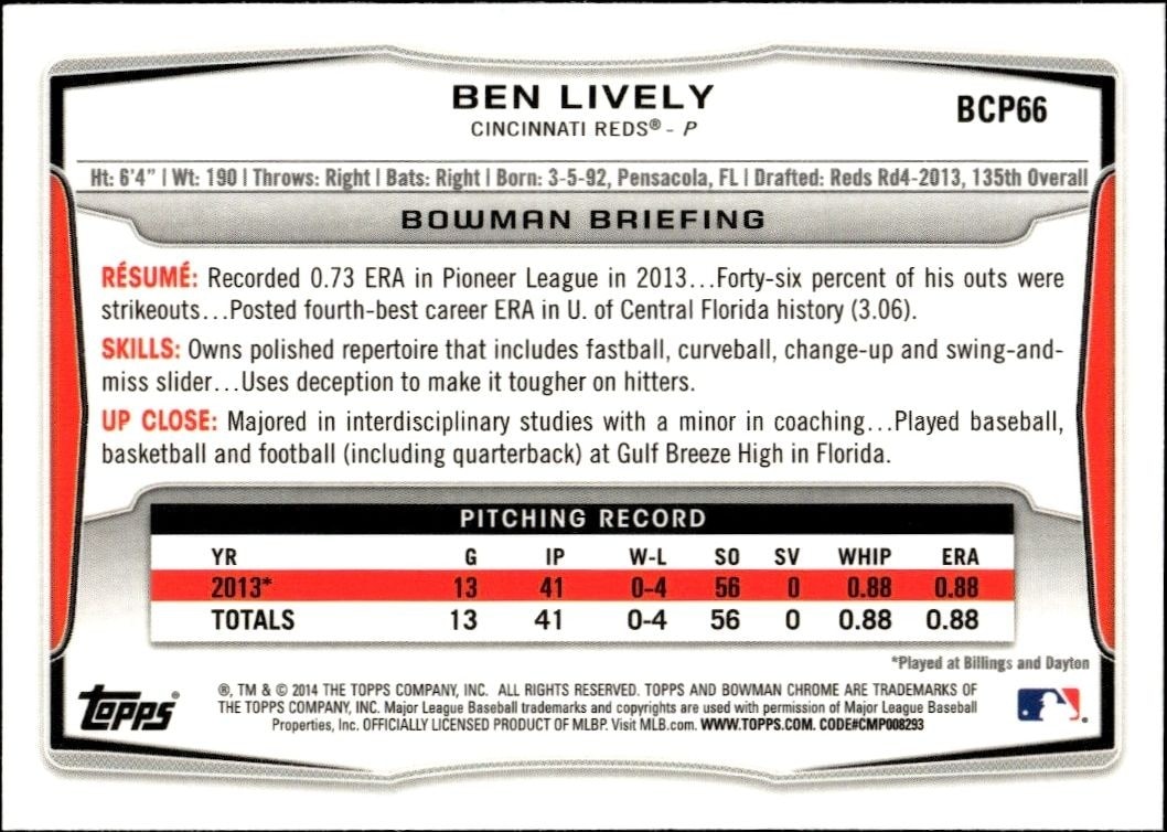 2014 Bowman Chrome Ben Lively #BCP66 baseball trading card back