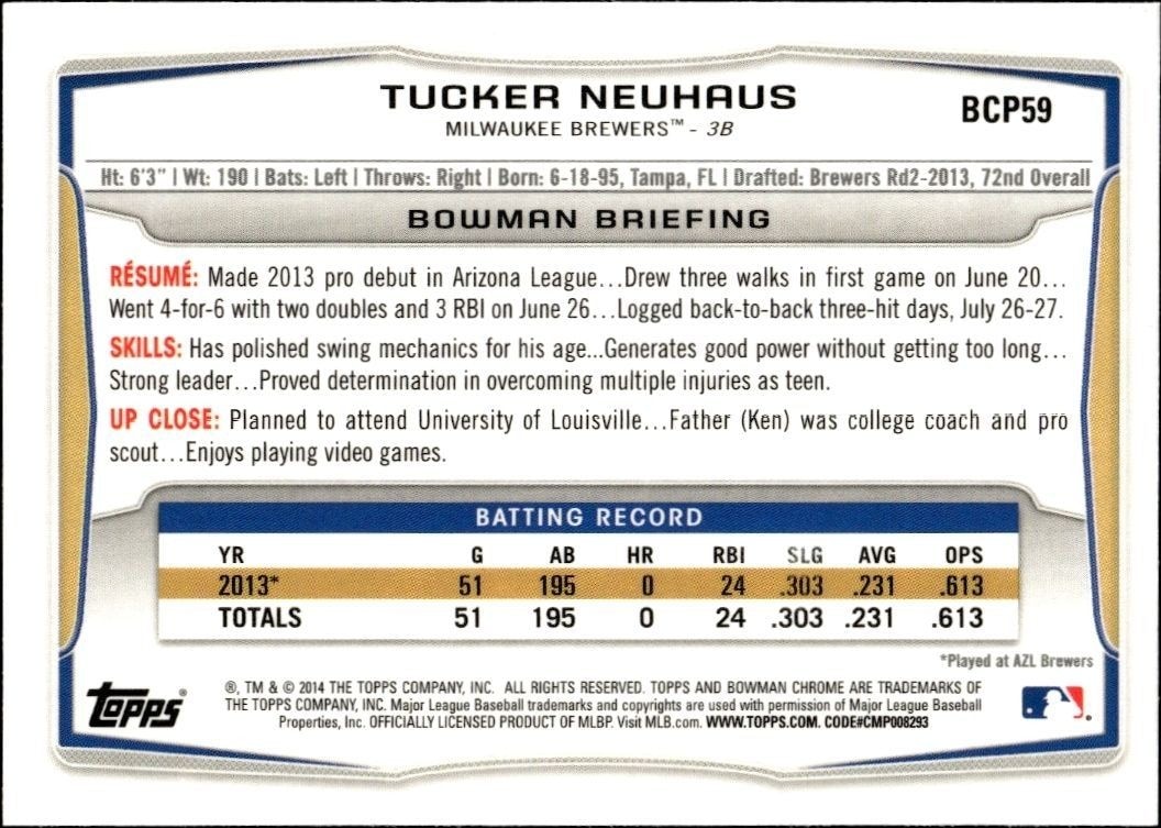 2014 Bowman Chrome Tucker Neuhaus #BCP59 baseball trading card back