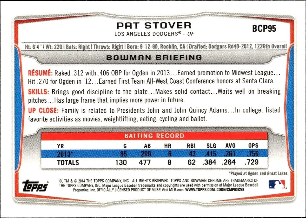 2014 Bowman Chrome Pat Stover #BCP95 baseball trading card back