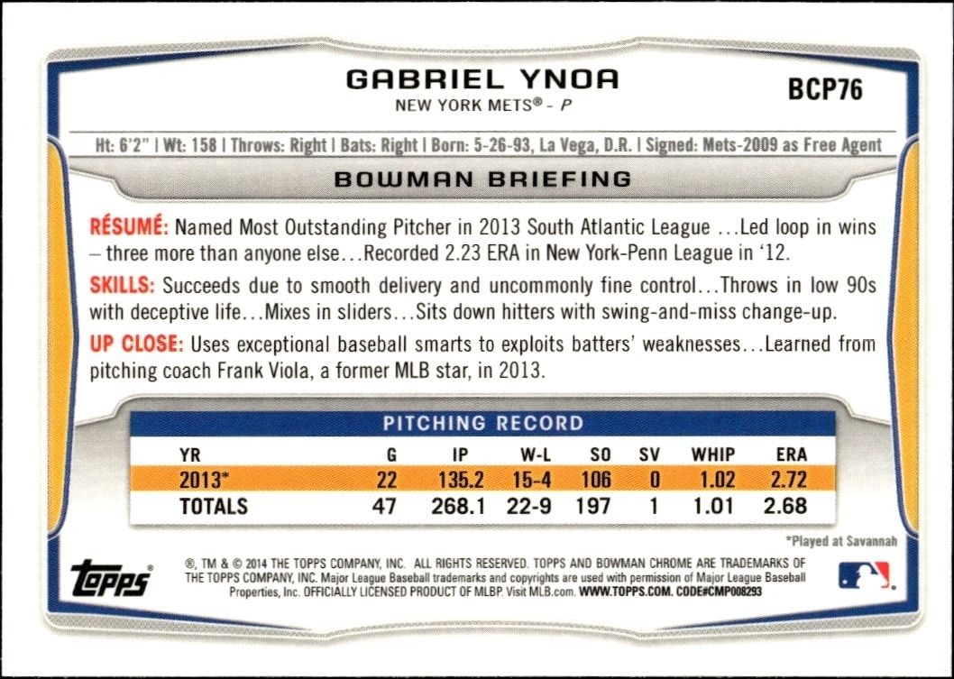 2014 Bowman Chrome Gabriel Ynoa #BCP76 baseball trading card back
