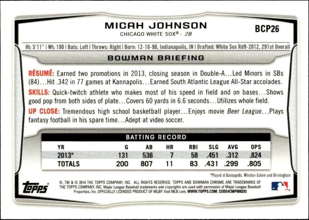 2014 Bowman Chrome Micah Johnson #BCP26 baseball trading card back