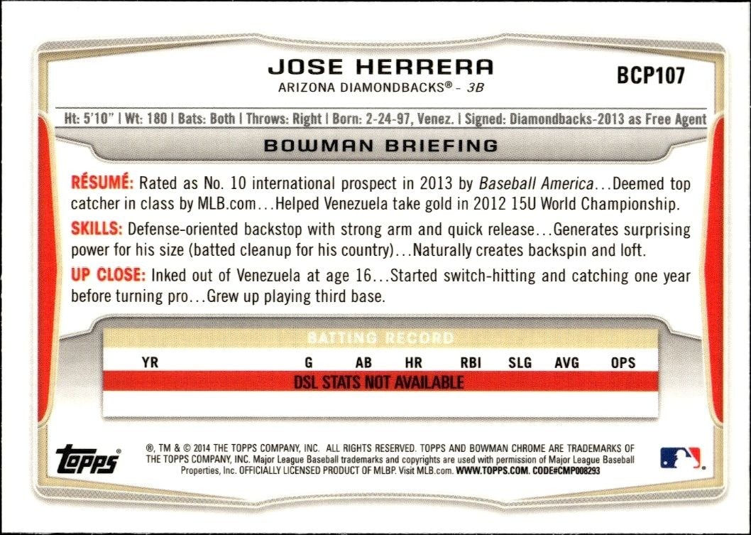 2014 Bowman Chrome Jose Herrera #BCP107 baseball trading card back