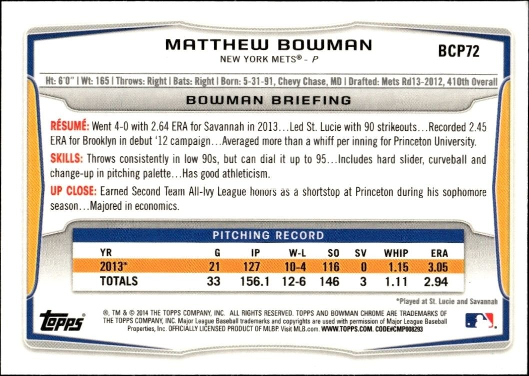 2014 Bowman Chrome Matthew Bowman #BCP72 baseball trading card back