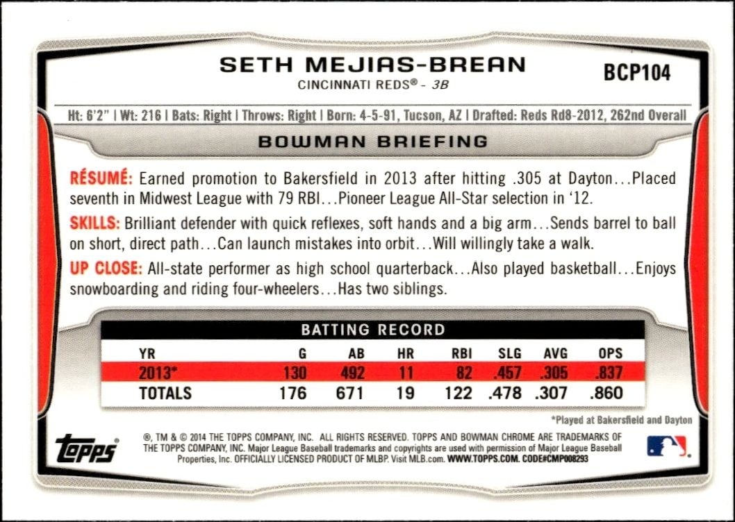 2014 Bowman Chrome Seth Mejias-Brean #BCP104 baseball trading card back