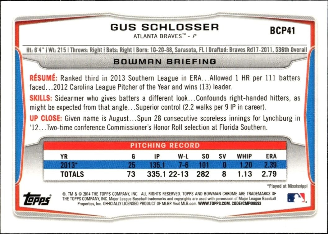 2014 Bowman Chrome Gus Schlosser #BCP41 baseball trading card back