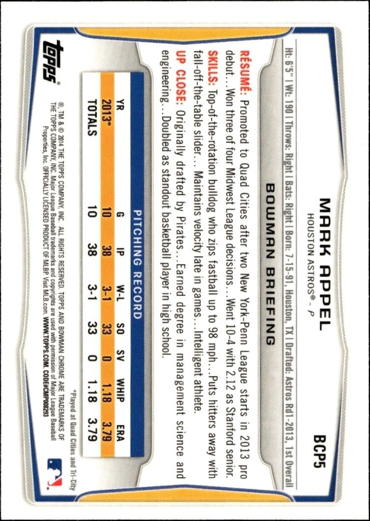 2014 Bowman Chrome Mark Appel #BCP5 baseball trading card back