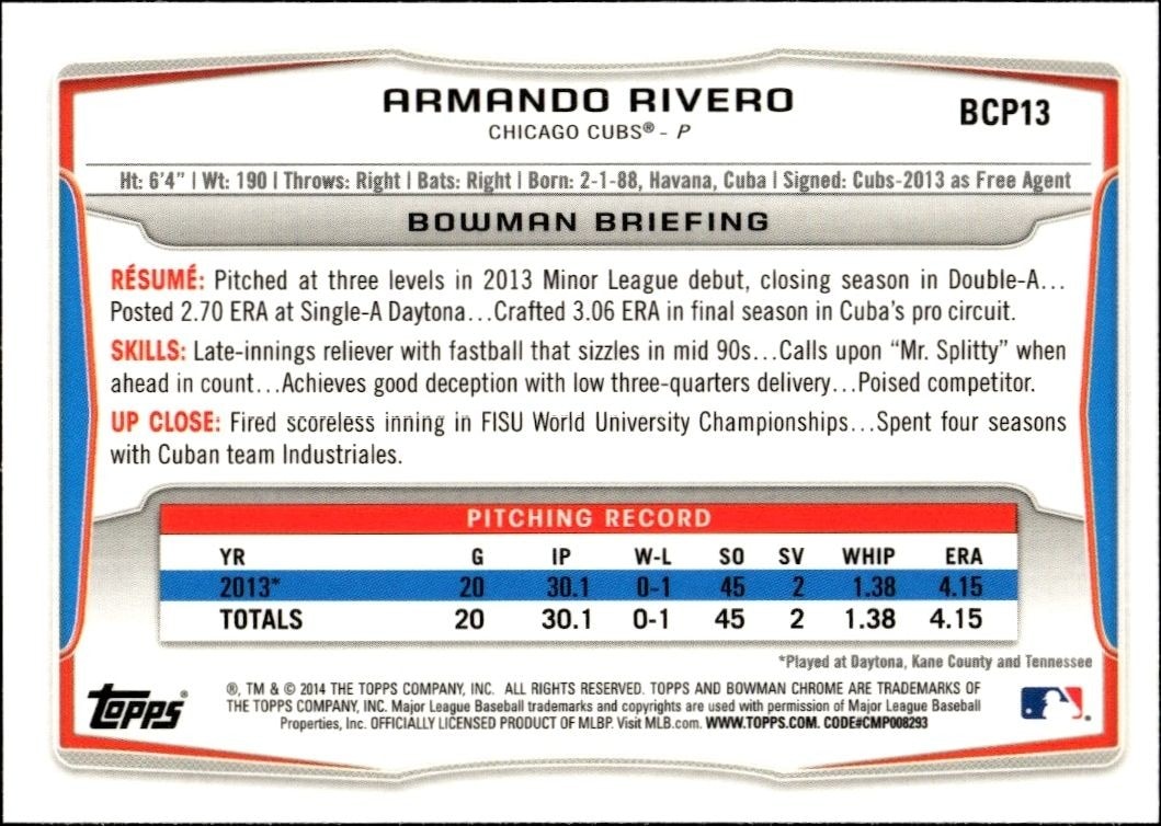 2014 Bowman Chrome Armando Rivero #BCP13 baseball trading card back