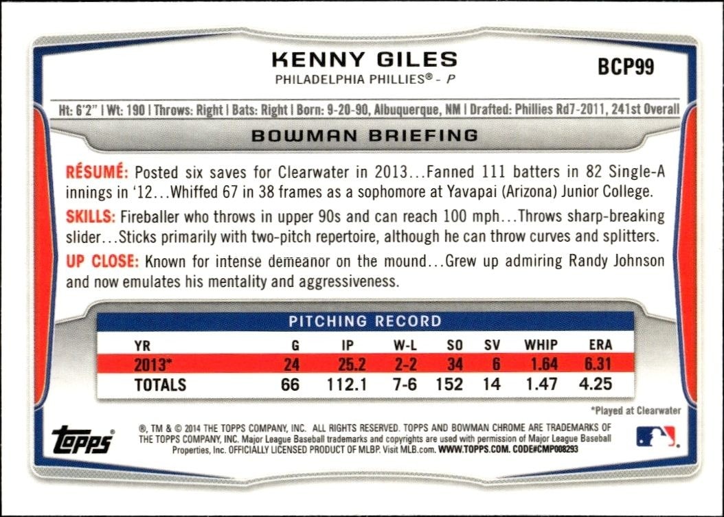 2014 Bowman Chrome Kenny Giles #BCP99 baseball trading card back