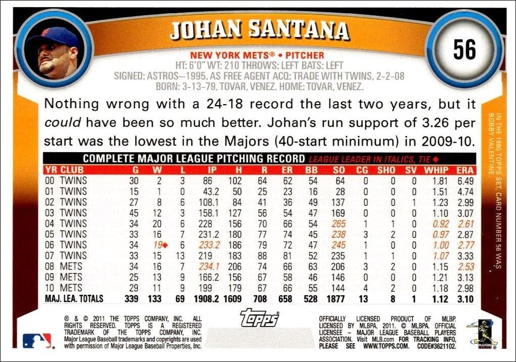 2011 Topps Johan Santana #56 baseball trading card back