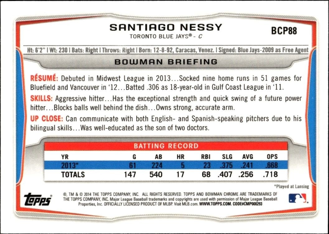 2014 Bowman Chrome Santiago Nessy #BCP88 baseball trading card back