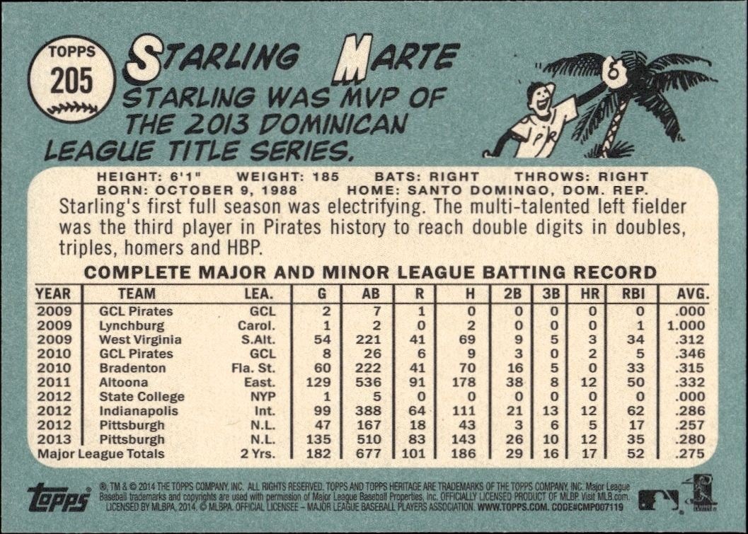 2014 Topps Heritage Starling Marte #205 baseball trading card back