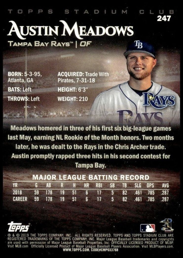 2019 Topps Stadium Club Austin Meadows #247 baseball trading card back