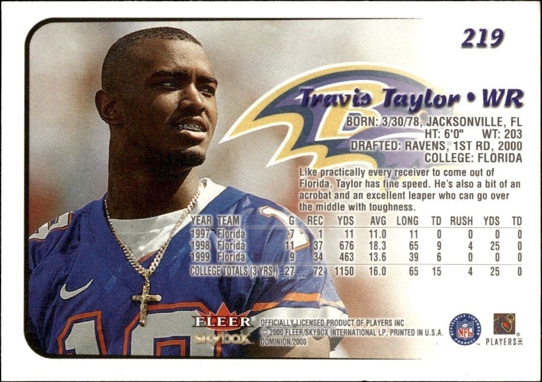 2000 Skybox Dominion Travis Taylor #219 football trading card back