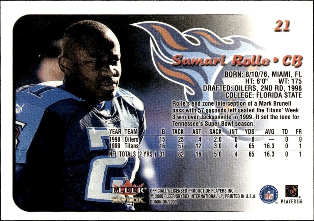 2000 Skybox Dominion Samari Rolle #21 football trading card back