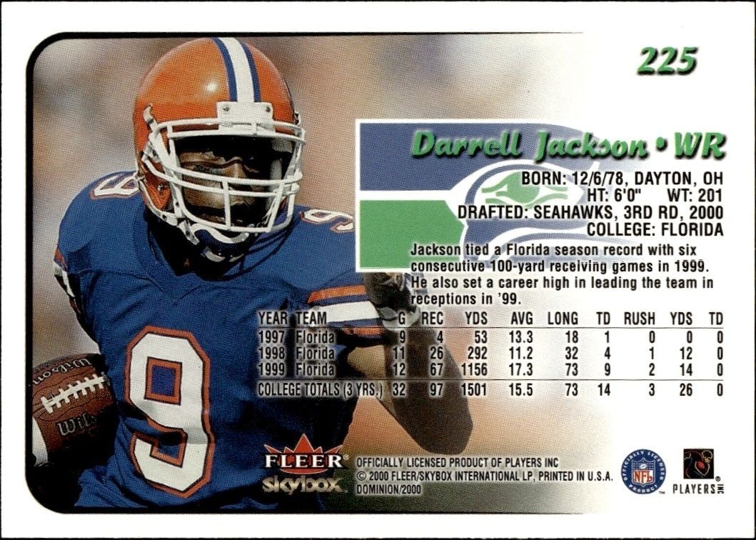 2000 Skybox Dominion Darrell Jackson #225 football trading card back