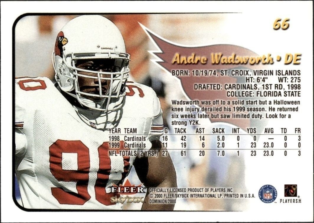 2000 Skybox Dominion Andre Wadsworth #66 football trading card back