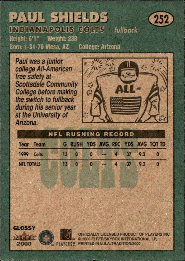 2000 Fleer Tradition Glossy Paul Shields #252 football trading card back