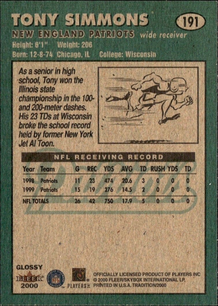2000 Fleer Tradition Glossy Tony Simmons #191 football trading card back
