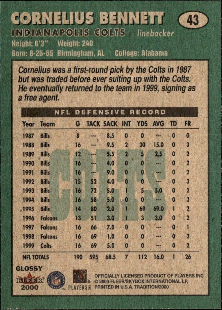 2000 Fleer Tradition Glossy Cornelius Bennett #43 football trading card back