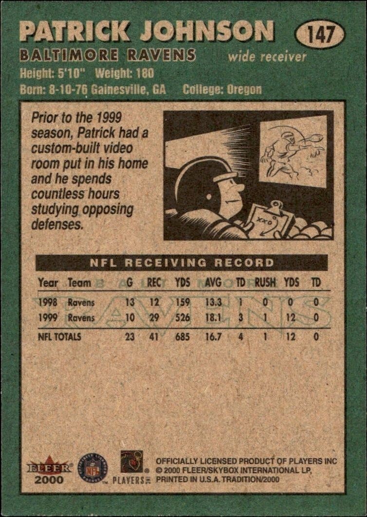2000 Fleer Tradition Glossy Pat Johnson #147 football trading card back