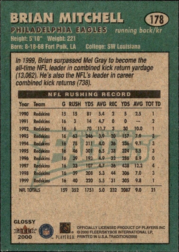 2000 Fleer Tradition Glossy Brian Mitchell #178 football trading card back