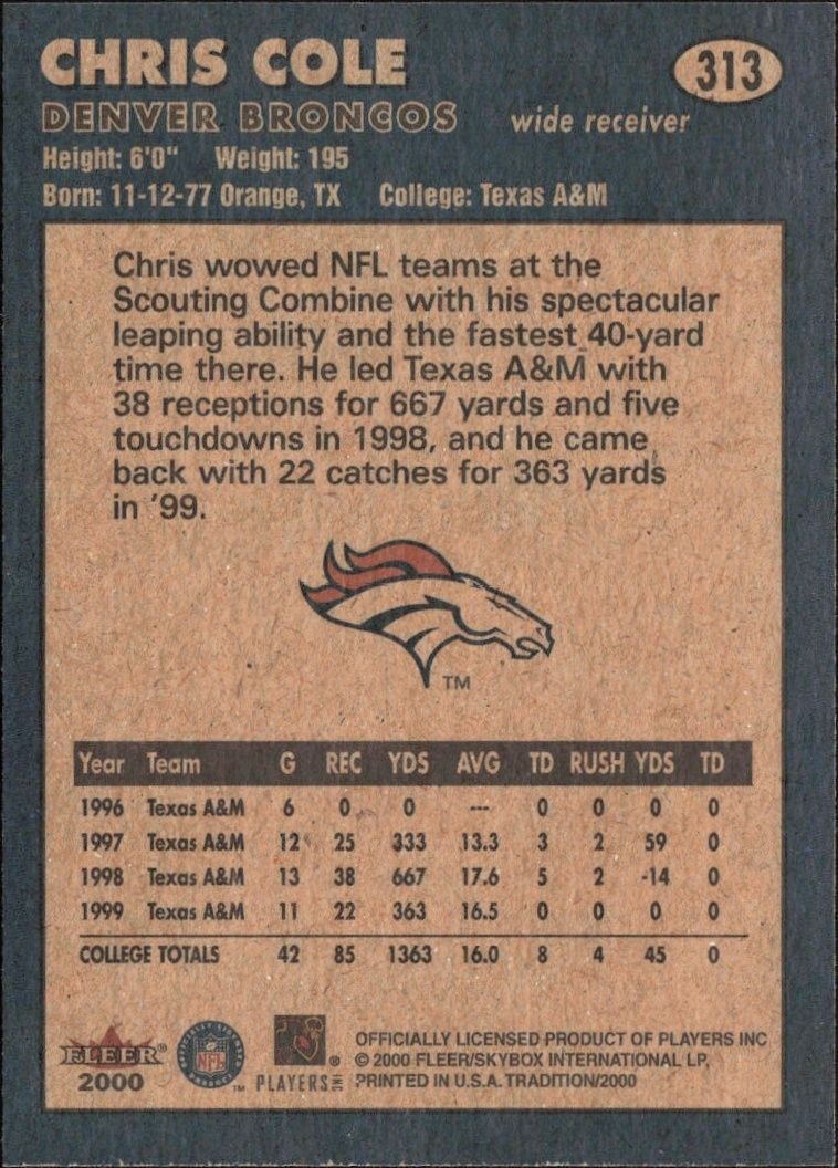 2000 Fleer Tradition Glossy Chris Cole #313 football trading card back