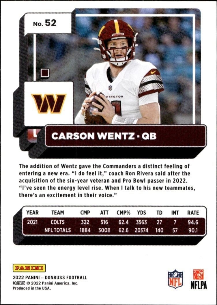 2022 Panini Donruss Carson Wentz #52 football trading card back