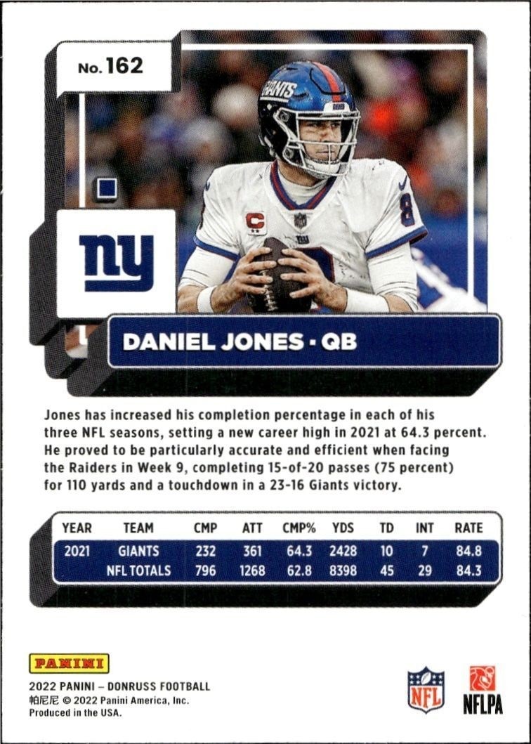 2022 Panini Donruss Daniel Jones #162 football trading card back