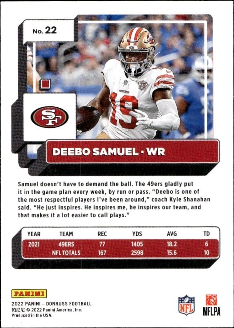 2022 Panini Donruss Deebo Samuel #22 football trading card back