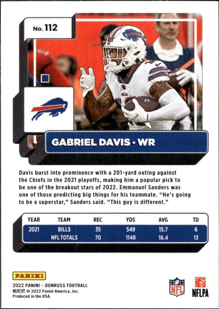 2022 Panini Donruss Gabriel Davis #112 football trading card back
