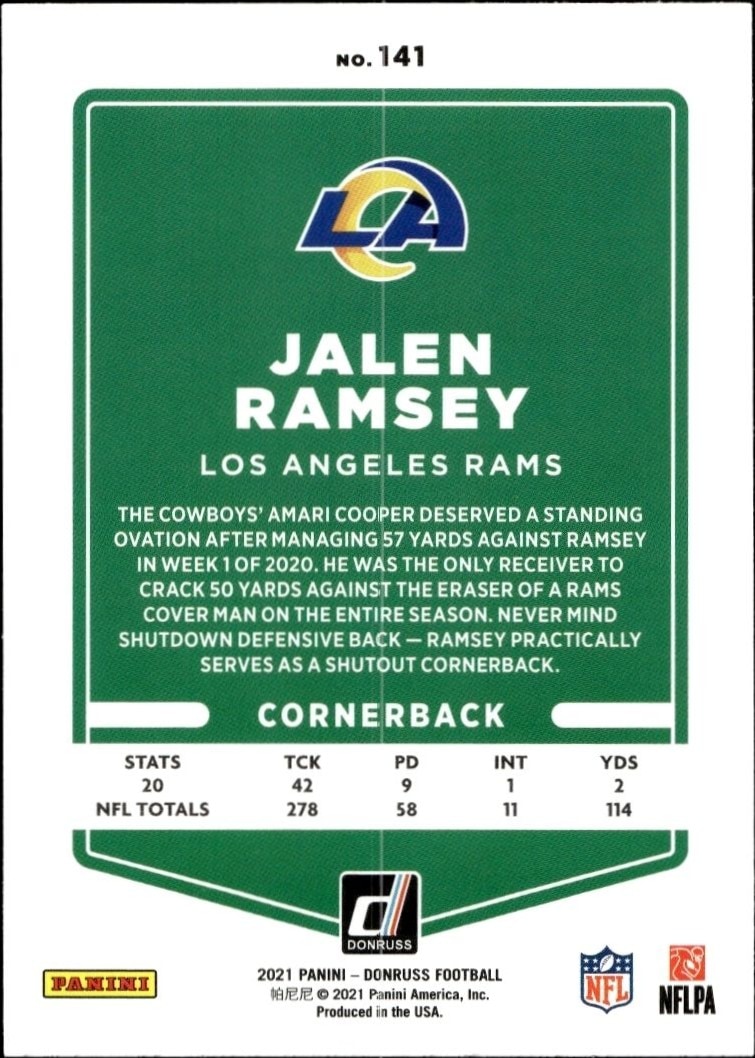 2021 Panini Donruss Jalen Ramsey #141 football trading card back