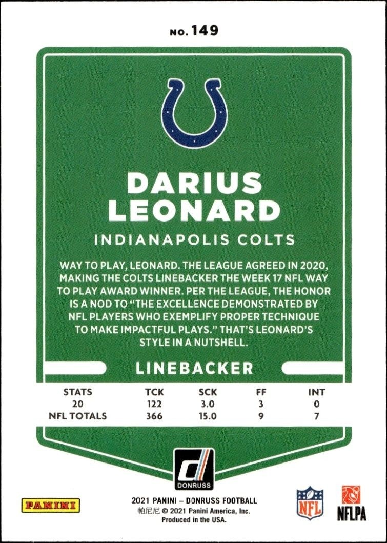 2021 Panini Donruss Darius Leonard #149B football trading card back