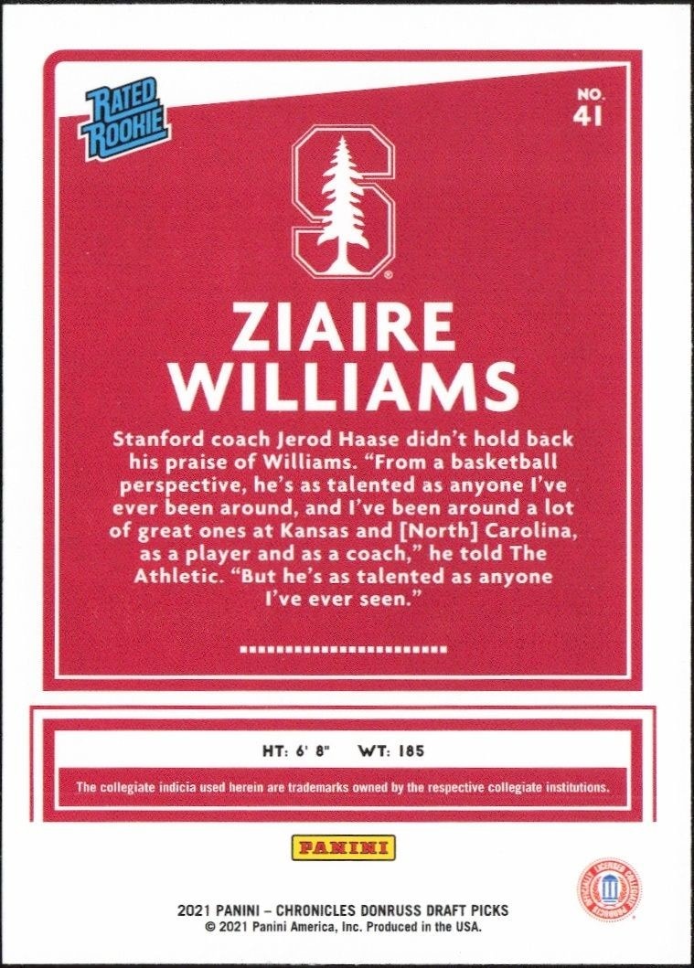 2021-22 Panini Chronicles Draft Picks Ziaire Williams #41 basketball trading card back