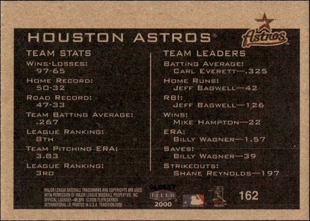 2000 Fleer Tradition Glossy Houston Astros #162 baseball trading card back