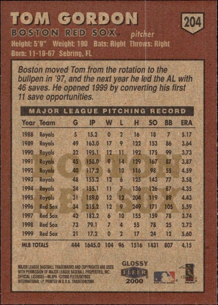 2000 Fleer Tradition Glossy Tom Gordon #204 baseball trading card back