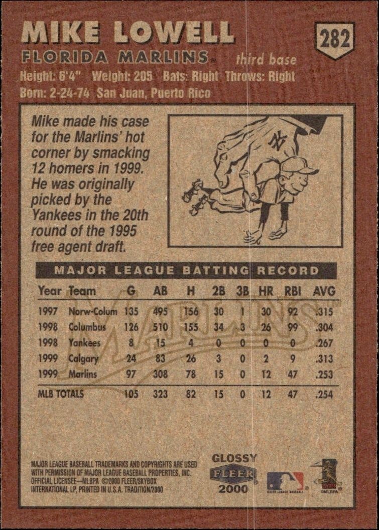 2000 Fleer Tradition Glossy Mike Lowell #282 baseball trading card back