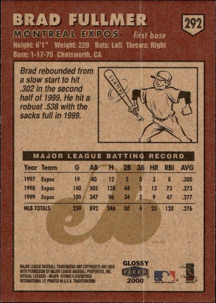 2000 Fleer Tradition Glossy Brad Fullmer #292 baseball trading card back