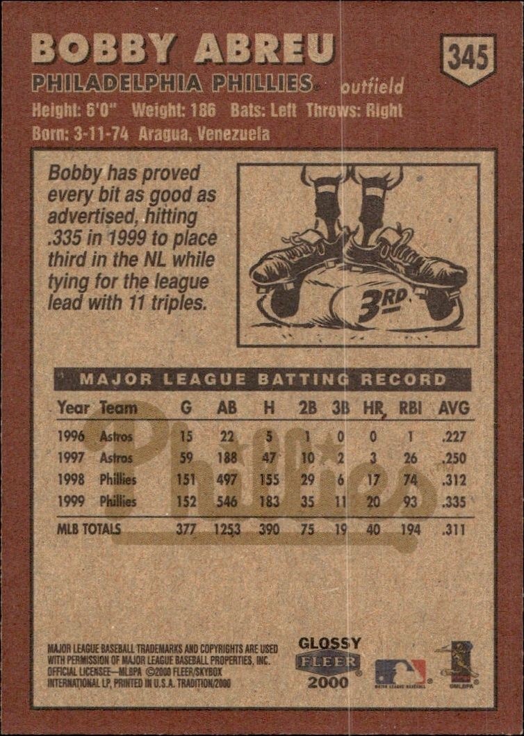 2000 Fleer Tradition Glossy Bobby Abreu #345 baseball trading card back