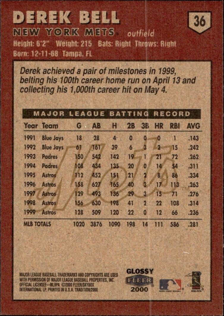 2000 Fleer Tradition Glossy Derek Bell #36 baseball trading card back
