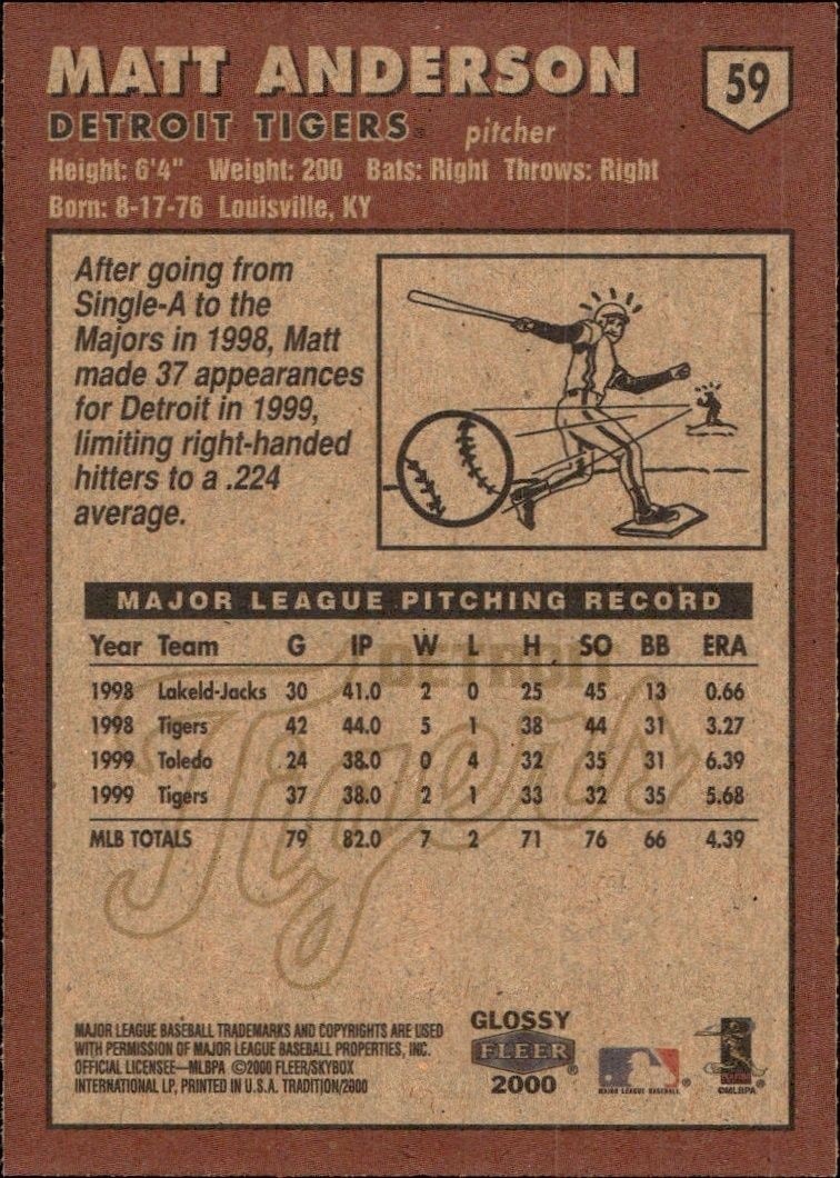 2000 Fleer Tradition Glossy Matt Anderson #59 baseball trading card back