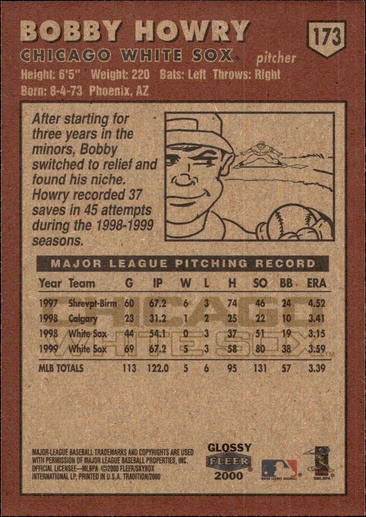 2000 Fleer Tradition Glossy Bobby Howry #173 baseball trading card back