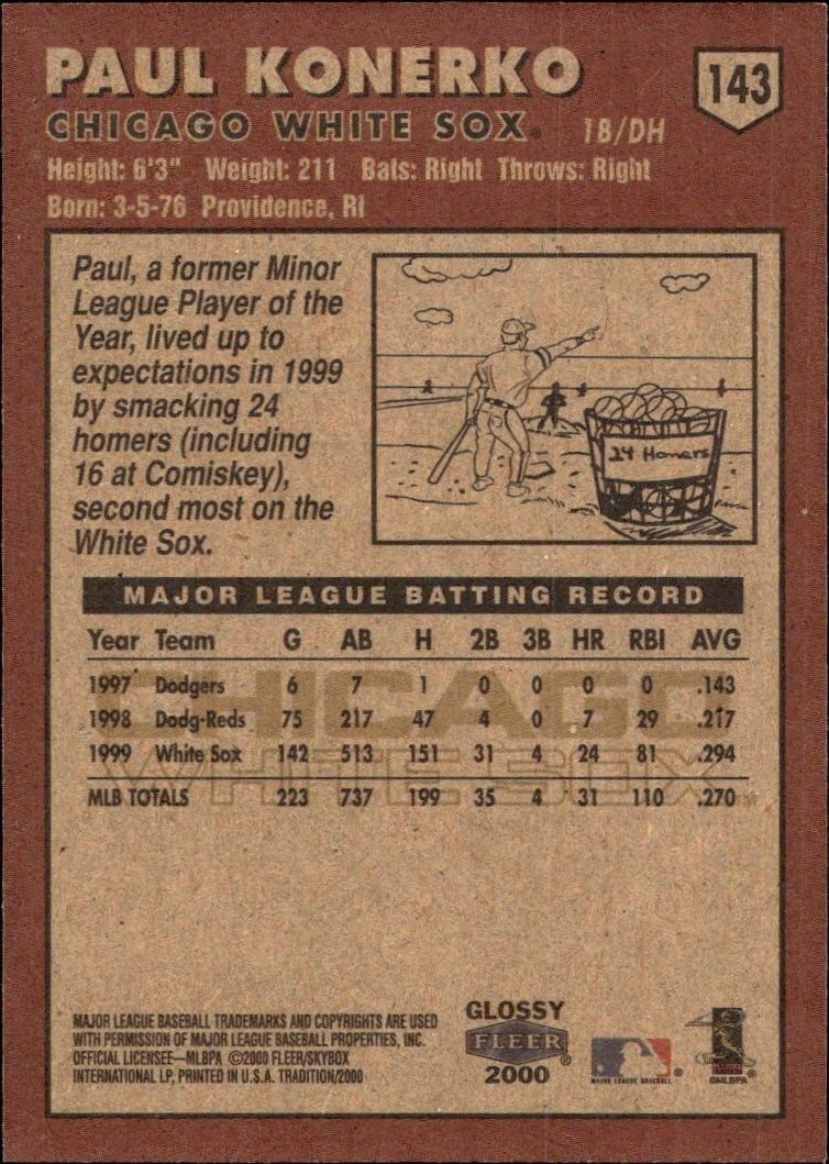 2000 Fleer Tradition Glossy Paul Konerko #143 baseball trading card back