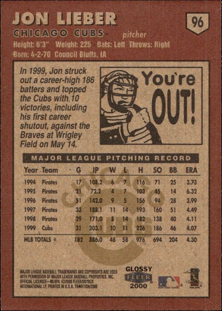 2000 Fleer Tradition Glossy Jon Lieber #96 baseball trading card back