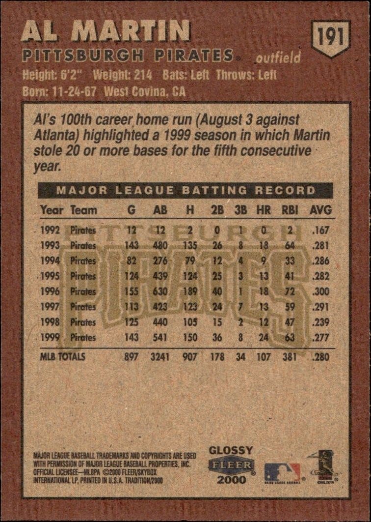 2000 Fleer Tradition Glossy Al Martin #191 baseball trading card back