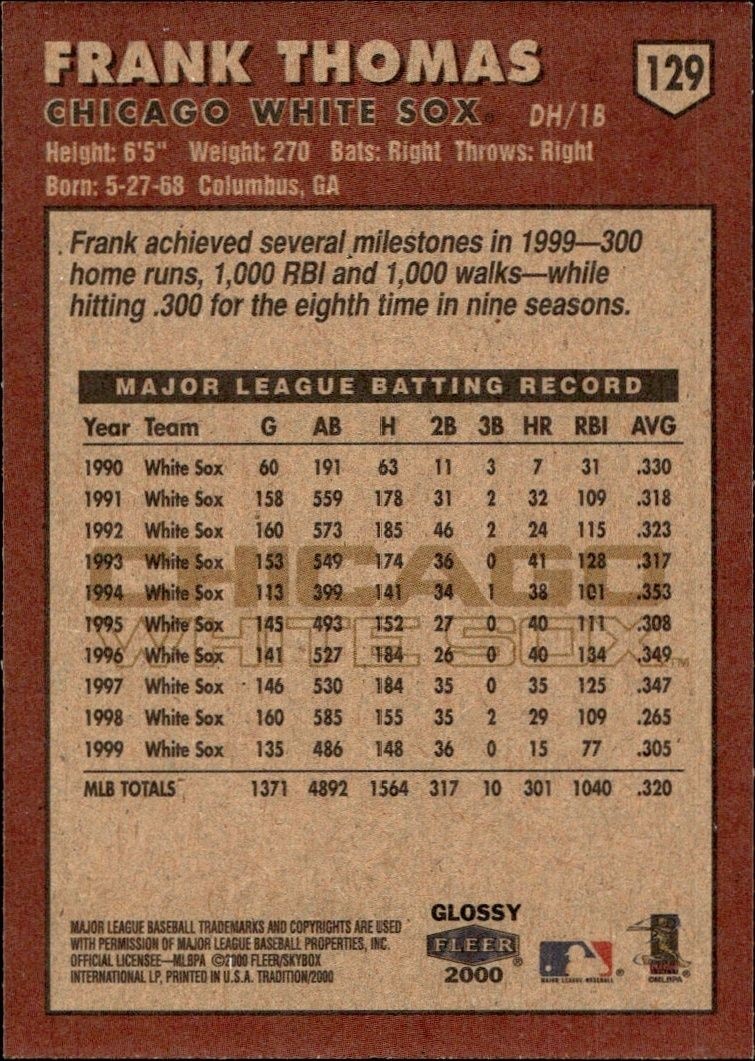 2000 Fleer Tradition Glossy Frank Thomas #129 baseball trading card back