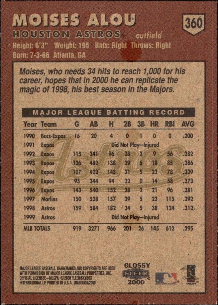 2000 Fleer Tradition Glossy Moises Alou #360 baseball trading card back