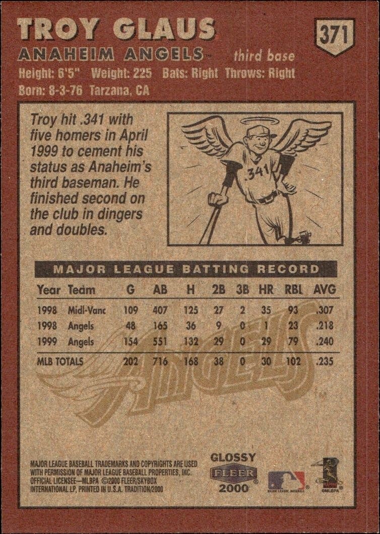 2000 Fleer Tradition Glossy Troy Glaus #371 baseball trading card back